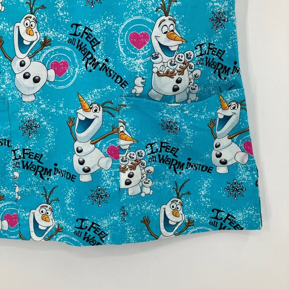 Disney Blue Frozen Olaf Snowman Feel Warm Short Sleeve Scrub Nurse Top Shirt - Picture 2 of 8